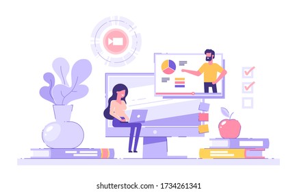 Girl student studying at home with her laptop with piles of books and  pc on the background. E-learning, webinar, online video training, distance education concept. Modern vector illustration.