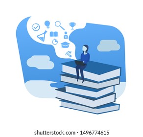 Girl student studying and learning online with a laptop. Online education, e-learning, online courses concept. Illustration for website, landing page and business presentation