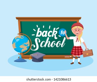 girl student with suitcase and blackboard with graduation cap