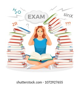 Girl student surrounded with books and prepares for exam