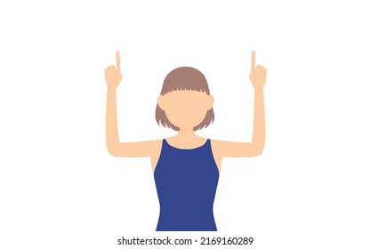 Girl student, in swimsuit,Point up with both hands