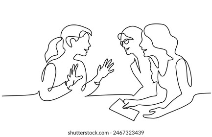 Una estudiante le cuenta una idea a sus amigos. Las mujeres trabajan juntas. Reunión del equipo de negocios. Dibujo continuo de una línea. Ilustración vectorial de contorno.