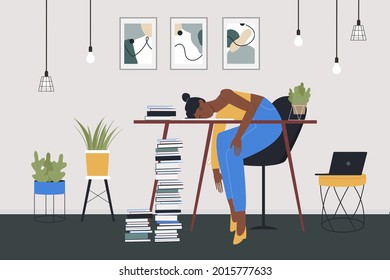 Girl student tired of remote work or study vector illustration. Cartoon frustrated overworked exhausted sleepy young woman sitting at table with books and sleeping in home room interior background