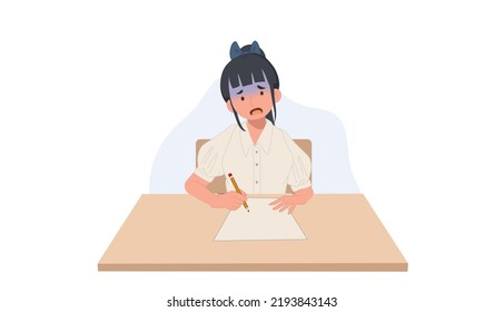 girl in student Uniform getting worry when doing an exam. Student girl can't do the exam. stressful, worried. Asian student. Vector illustration.