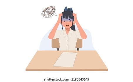 girl in student Uniform is got headache when doing an exam. Student girl can't do the exam. stressful, worried. Asian student. Vector illustration.