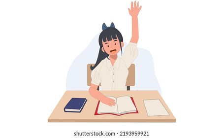 girl in student Uniform is raise her hand up to asking the question or answering in classroom. Asian student. Vector illustration.