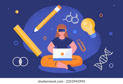 Schüler in vr Brille Konzept. Frau in virtueller Realität mit Laptop. Moderne Technologien und Innovationen. Fernunterricht, Fernunterricht und Fernunterricht. Cartoon-Flavektor-Vektorgrafik