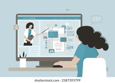 Girl student watching UI and UX online courses, female tutor teaches ui design on monitor. User interface, user experience, distant education in IT, web design classes. internet learning. flat vector