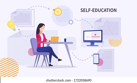 Girl student watching video and studying remotely. Online learning. Courses at home. E-learning in educational institutions Achievement of goal and self-education at home Vector isolated illustration.