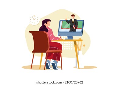 Schüler, die eine virtuelle Klasse auf Computer Illustration Konzept. Flache Illustration einzeln auf weißem Hintergrund