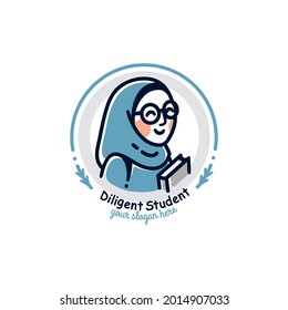 girl student wearing glasses and hijab and is holding a book. she is smiling in a circle shape  vector illustration logo