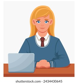 Girl student working at a computer. A teenager in a tie is working at an electronic device. Concept of work, learning, getting a profession, entertainment and recreation.