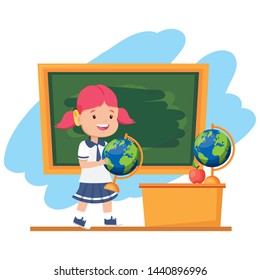 girl student with world map chalkboard desk map apple back to school vector illustration