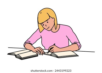 A girl student writes notes while preparing for an exam. Concept of reading books and education, training and development. Vector illustration isolated on white background in flat style.