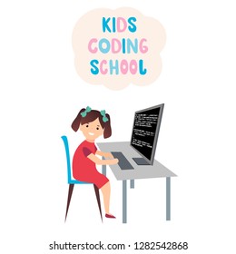 The girl studies coding at the computer, programming code is written on the monitor and hand drawn lettering phrase Kids coding school. Vector graphics