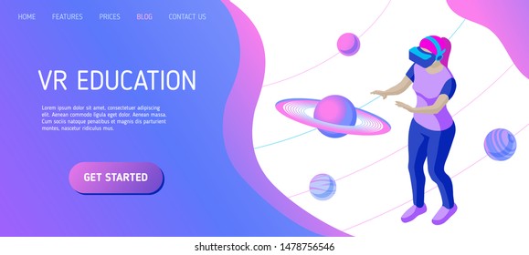 Girl studies planets in a virtual reality. Template for landing page header for educational website. Isometric vector illustration