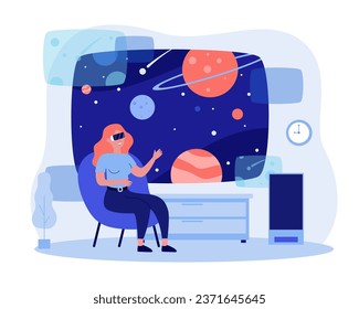 Girl studies Universe through VR-glasses at home vector illustration. Female enjoying educational virtual reality experience. Education, innovation, technology concept