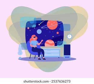 Girl studies Universe through VR-glasses at home vector illustration. Female enjoying educational virtual reality experience. Education, innovation, technology concept