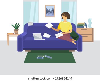 Girl studing at home on the sofa, with books and laptop. Learn at home concept. Illustration in flat style 