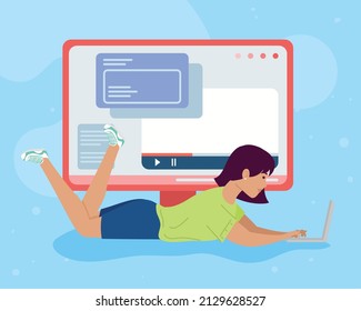 girl studing with laptop and desktop