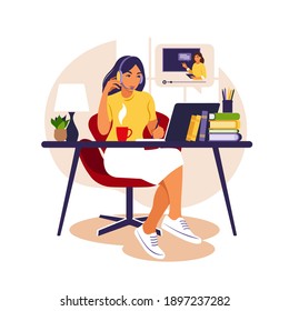 Girl study at computer. Online learning concept. Video lesson. Distance study. Can use for web banner, infographics, hero images. Vector illustration. Flat style.