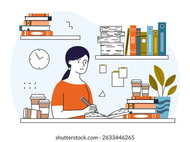 Garota estuda muito. O aluno faz o dever de casa, se prepara para o teste ou exame. Criança entediada e estressada. Criança infeliz estudando. Educação e aprendizagem. Ilustração de vetor linear