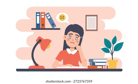 Chica estudio cansado haciendo ilustración de arte de tarea