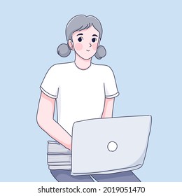Girl study from home cartoon illustration design of vector. Distance learning, self learning.