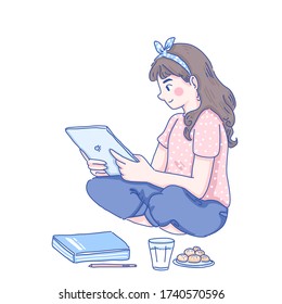 Girl study from home character design of vector. Home schooling concept. Doodle illustration style.