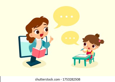 A girl study at home with online teacher on computer screen. Online education e-learning study concept.