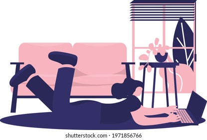 girl study from home through the computer laptop in minimal design illustrator. Covid19 outbreak work from home