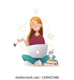 Muchacha estudia cuaderno. Esbozar carácter vector de escuela en fondo blanco. Dibujo de niños personajes.