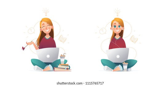 Girl study notebook. Sketch school vector character on white backdrop. Cartoon character children design.