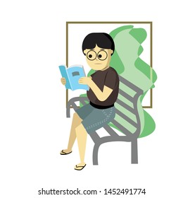 girl study at park with glasses. illustration, vector