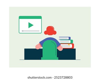 Girl is in the study room, preparing books for homeschooling activities. Character design. Vector flat illustration