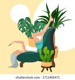 Girl study at sofa on yellow backdrop. Online shopping for website or social banner, remote job vacancy, info card, labor exchange. Web template or landing page. Flat style stock vector illustration