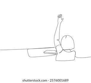 Girl studying, answering in class, raising hand one line art. Continuous line drawing of online learning, knowledge, school, preparation, answer, lesson