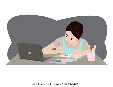 Girl is studying art online with the laptop by the table at home vector illustration
