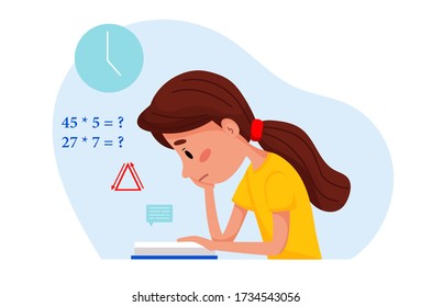 Girl is studying with book at home. Vector flat illustration for websites on white isolated background.