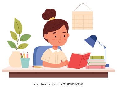 Girl studying with books. Cute school girl studying at home, learning, sitting at desk.Back to school, online education concept vector illustration in flat style