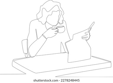 A girl studying in a coffee shop. Coffee shop activity one line drawing
