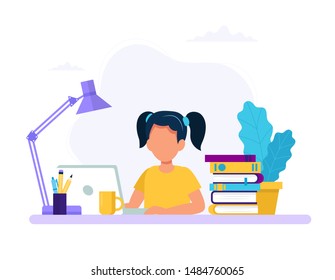 Girl Studying With Computer And Books. Back To School, Online Education Concept Vector Illustration In Flat Style