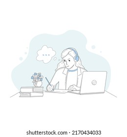 Girl studying with computer and books. Back to school, online education concept vector illustration in flat style