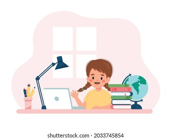 Girl studying with computer and books. Vector illustration concept in cartoon style