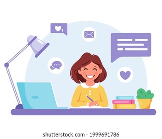 Girl studying with computer. Online learning, back to school concept. Vector illustration