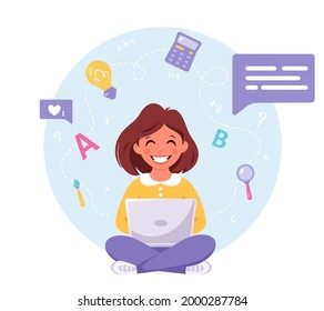 Girl studying with computer. Online learning, back to school concept. Vector illustration