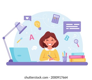 Girl studying with computer. Online learning, back to school concept. Vector illustration