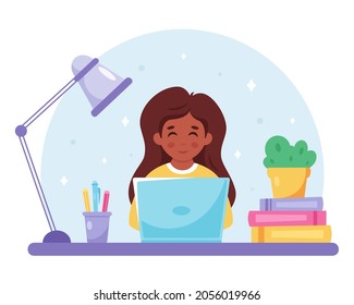 Girl studying with computer. Online learning, back to school concept. Vector illustration