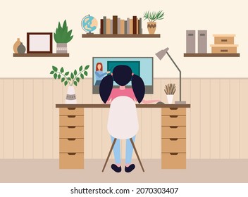 Girl studying with computer and teacher online in home workspace. Back to school, online education concept. Vector stock illustration flat style. 