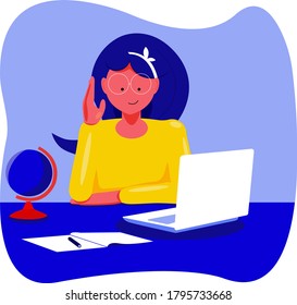 Girl studying with computer and workbook. Back to school, online education concept vector illustration in flat style